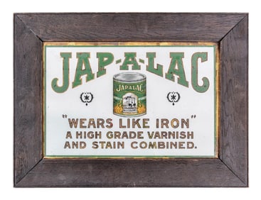 JAP-A-LAC REVERSE PAINTED GLASS SIGN W/ JAP-A-LAC CAN GRAPHIC