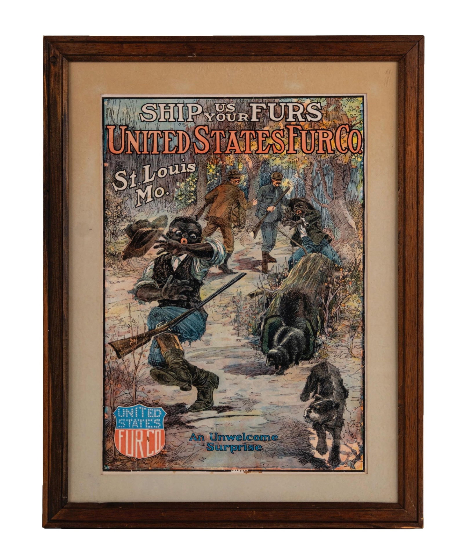 UNITED STATES FUR CO. LITHOGRAPHED PAPER W/ BLACK AMERICANA GRAPHICS: C. 1920s United States Fur Co. lithographed paper with outstanding graphics. CONDITION: Paper has slight fade throughout and notable fold lines. The piece has very minor staining on the outer edges, m