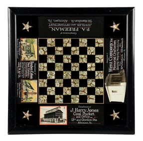 OUTSTANDING ADVERTISING CHESS BOARD W/ MOTHER OF PEARL INLAY.