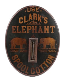 CLARK'S ELEPHANT SPOOL COTTON THERMOMETER SIGN W/ ELEPHANT GRAPHICS.