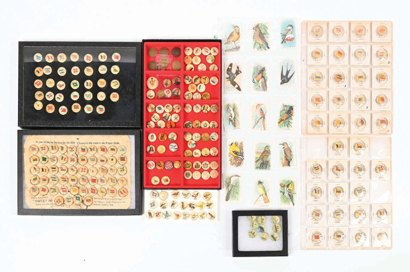 LARGE COLLECTION OF CHEWING GUM PINBACK BUTTONS: C. 1910. CONDITION: The collection includes country flags, birds, gum brands, some sailing vessels, collectible bird trade cards and tokens. Condition: (Fair - Excellent). Dimensions: Largest Shadow B