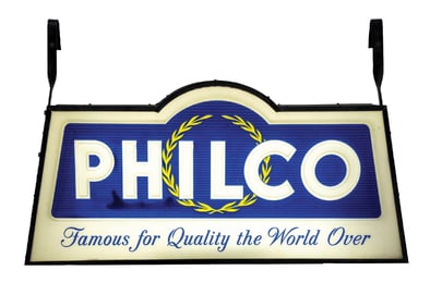 PHILCO RADIOS FAMOUS FOR QUALITY THE WORLD OVER EMBOSSED PLASTIC LIGHTED SIGN
