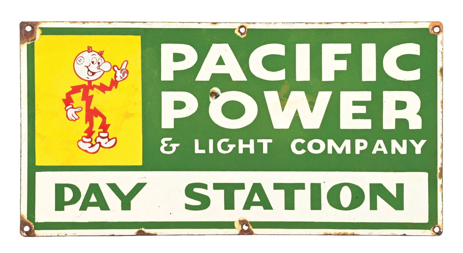 PACIFIC POWER & LIGHT COMPANY PAY STATION SIGN: SSP. This single-sided porcelain sign from Pacific Power & Light Company features a nice graphic of the famous Reddy-Kilowatt man. CONDITION: The field of this sign shows one porcelain chip in the fie