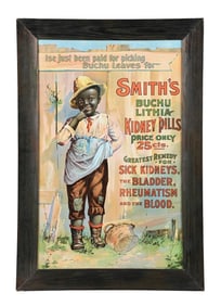 OUTSTANDING SMITH'S KIDNEY PILLS SIGN W/ YOUNG BOY GRAPHIC.