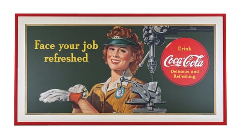 DRINK COCA-COLA DELICIOUS AND REFRESHING LITHOGRAPHED CARDBOARD W/ MILITARY ERA GRAPHIC