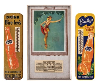 COLLECTION OF 3 EARLY CARDSTOCK CALENDAR & BIRELYS SODA POP THERMOMETERS