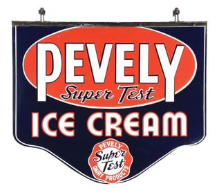 PEVELY SUPER TEST ICE CREAM PORCELAIN SIGN W/ BRACKET