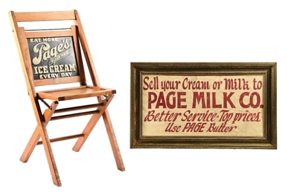 COLLECTION OF 2 PAGE'S MILK FRAMED SIGN AND PAGE'S ICE CREAM CHAIR