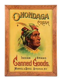 ONONDAGA CREAM SIGN W/ NATIVE AMERICAN GRAPHIC.