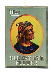 OLD SLEEPY EYE FLOUR SIGN W/ NATIVE AMERICAN GRAPHIC.