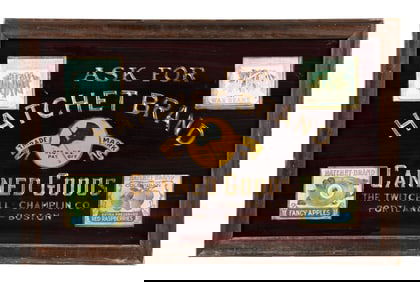 HATCHET BRAND CANNED GOODS SIGN W/ PAPER LABELS.