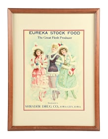 SHRADER DRUG CO. EUREKA STOCK FOOD FRAMED ADVERTISEMENT