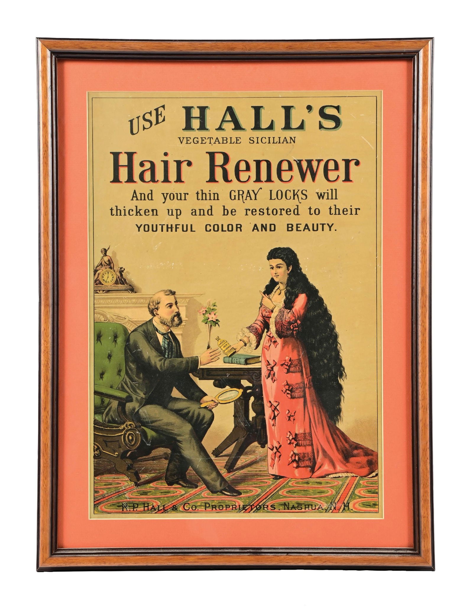 R.P. HALL & CO. HALLS VEGETABLE SICILIAN HAIR RENEWER SIGN. (1 of 2)