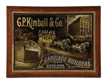 OUTSTANDING KIMBALL & COMPANY CARRIAGE BUILDERS SIGN W/ HORSE & CARRIAGE GRAPHICS.