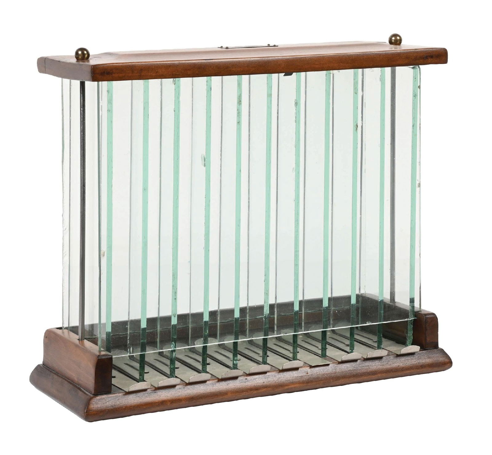 ORIGINAL COUNTERTOP PACKAGED GUM DISPLAY: C. 1921. CONDITION: An original gum and mint sales display case by the Fort Scott Planing Mill out of Fort Scott, KS. It is used to display packaged gum and mints, sold from a self-service countertop.