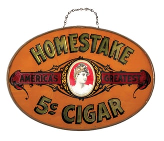 HOMESTAKE 5¢ CIGAR REVERSE PAINTED GLASS SIGN