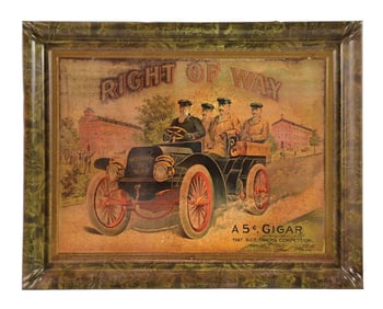 RIGHT OF WAY CIGAR SIGN W/ MOTOR CAR GRAPHIC.