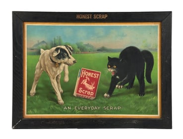 HONEST SCRAP CHEWING TOBACCO SIGN W/ DOG & CAT GRAPHIC.