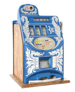 25¢ MILLS EXTRA BELL "AIKENS FRONT" SLOT MACHINE.: C. 1945. Mills Novelty Co., Chicago, Illinois. Classic three-reel bell fruit slot machine known as the "Aikens Front. CONDITION: Refinished wooden cabinet with a restored cast aluminum front, featurin
