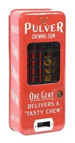 RED PORCELAIN PULVER TAB GUM VENDING MACHINE W/ TIN YELLOW KID FIGURE