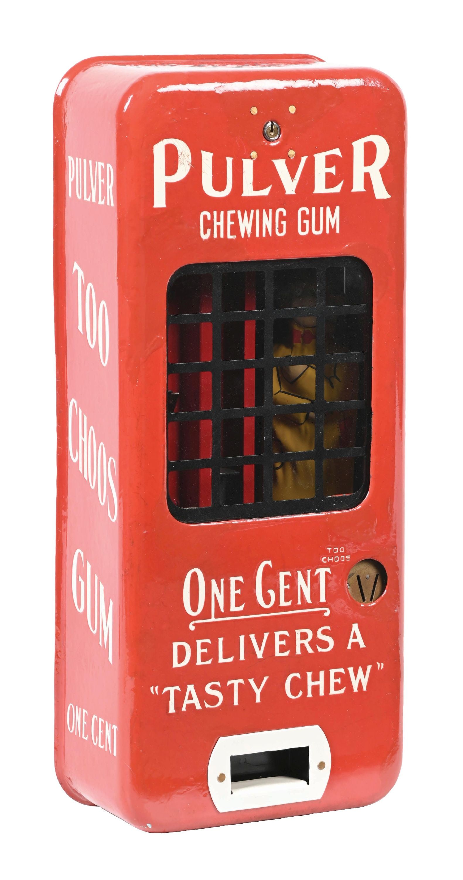 RED PORCELAIN PULVER TAB GUM VENDING MACHINE W/ TIN YELLOW KID FIGURE (1 of 5)