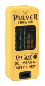 YELLOW PAINTED PULVER TAB GUM VENDING MACHINE W/ CLOWN FIGURE