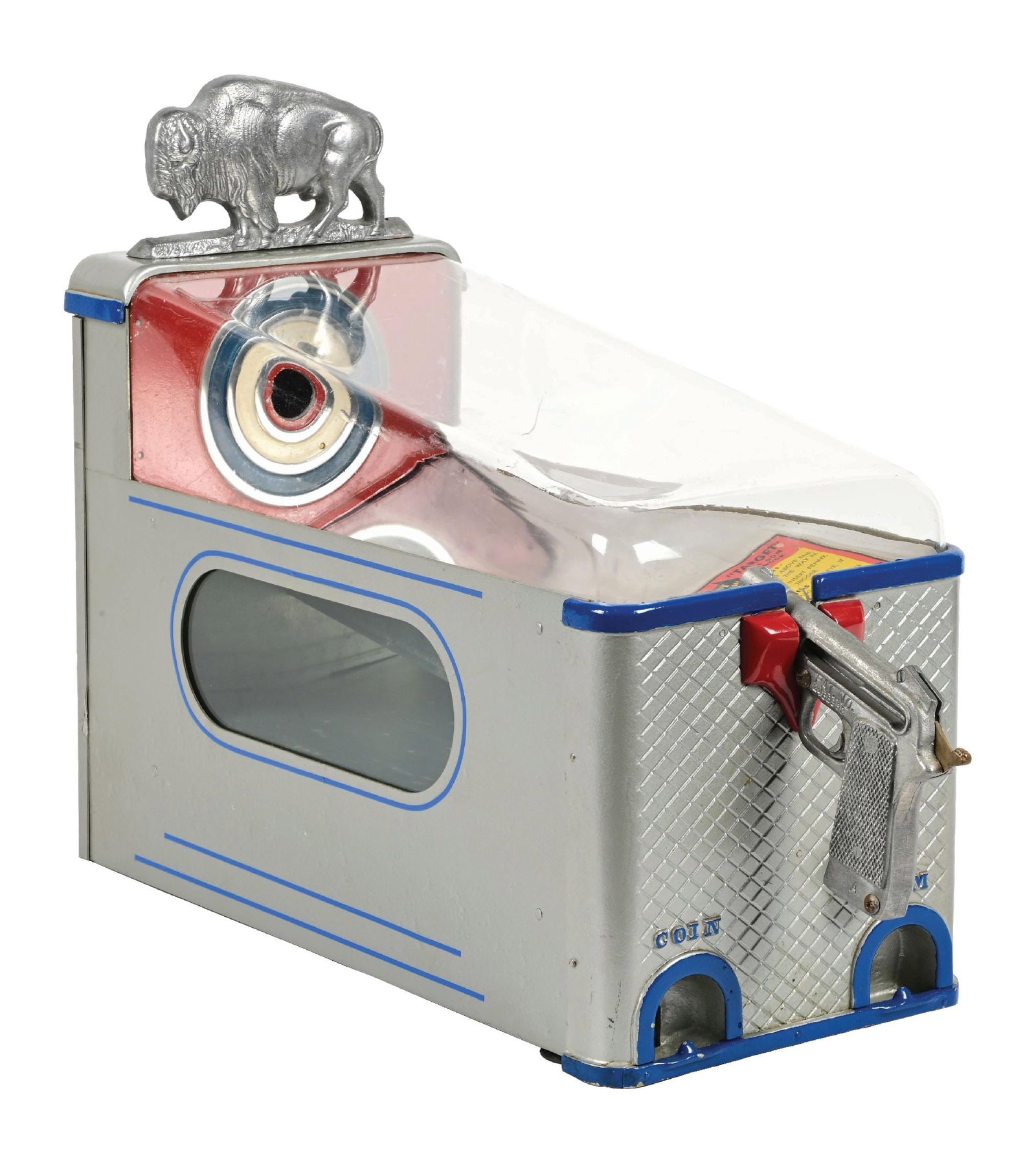 1¢ SILVER KING CORP. SHOOT THE BUFFALO TARGET GAME: C. 1940. A classic target game with a gumball vending mechanism. The penny is loaded into the pistol to shoot through the target. The machine has a cast iron buffalo that sits on the back. With each c