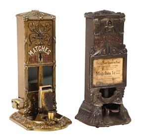 PAIR OF CAST IRON BOXED MATCH VENDING MACHINES