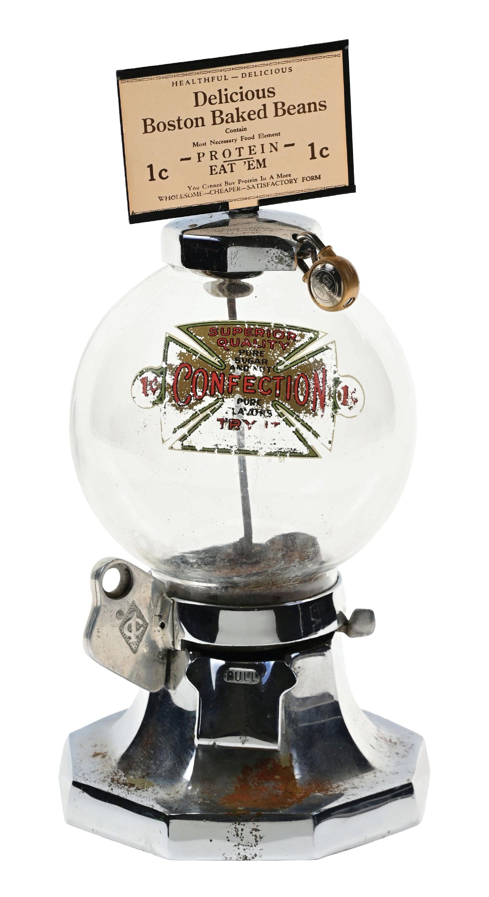 R.D. SIMPSON "ARISTOCRAT" VENDING MACHINE: C. 1935. CONDITION: It shows moderate plating loss to the base. It has an original globe, top, coin entry and replaced marquee on top. Reference Silent Salesman Too by Bill Enes, pg. 174. Condition: (