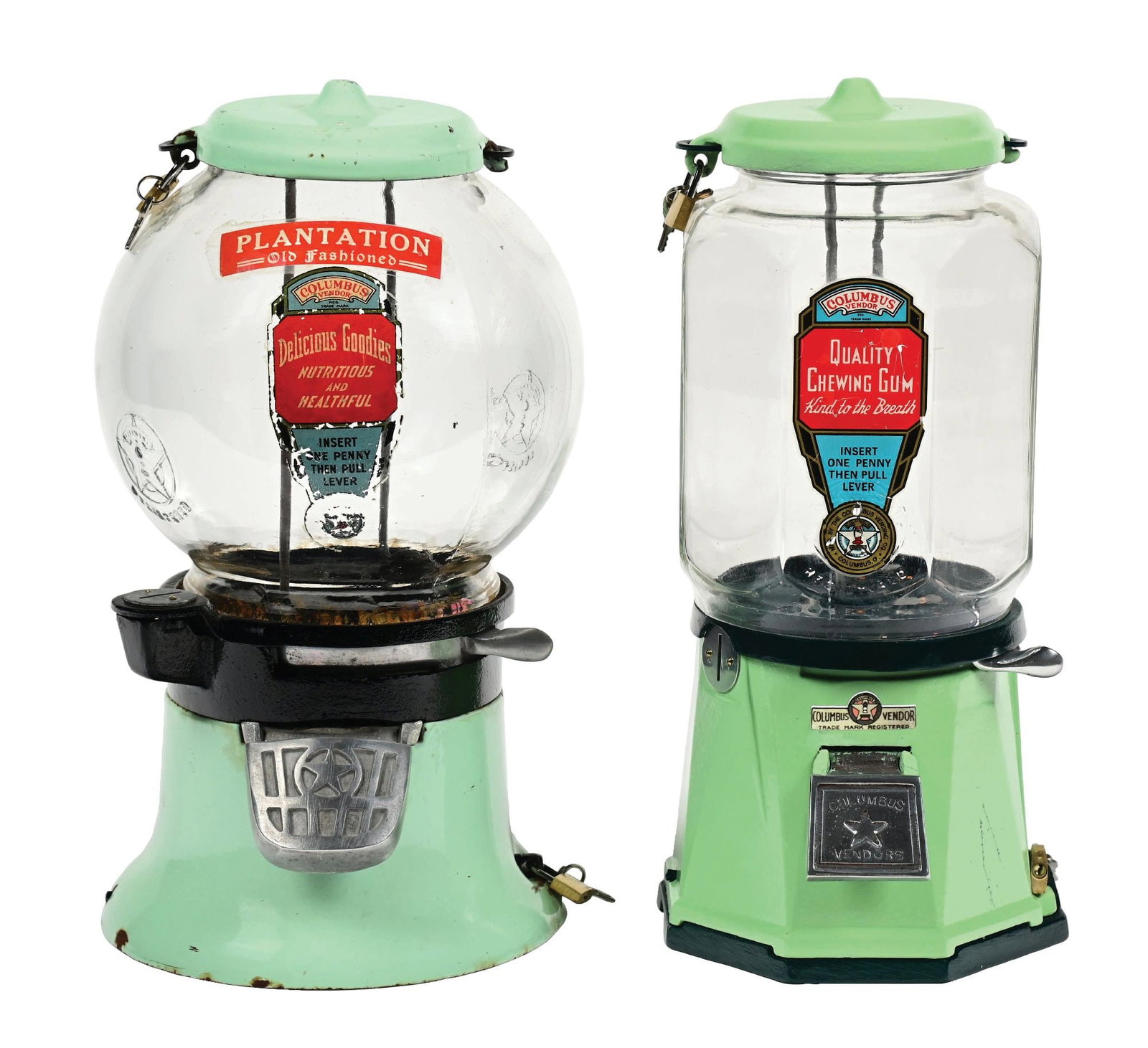 PAIR OF COLUMBUS MFG. PEANUT VENDING MACHINES: A pair of porcelain Columbus vending machines. CONDITION: (A) A Columbus Model M peanut vending machine in original green porcelain. It shows some light chipping to the edges and nipple of the top cap
