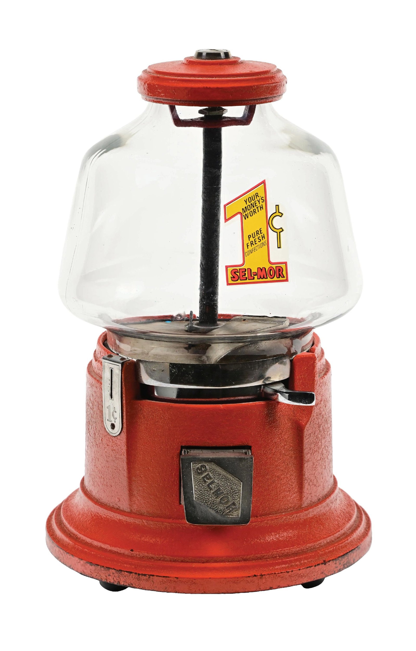 1¢ SEL-MOR CAST IRON PEANUT VENDING MACHINE: C. 1938. CONDITION: It has repainted cast iron components, original globe and new decal. It shows a polished mechanism and front shoot flaps. It is in operating condition. Reference Silent Salesman To