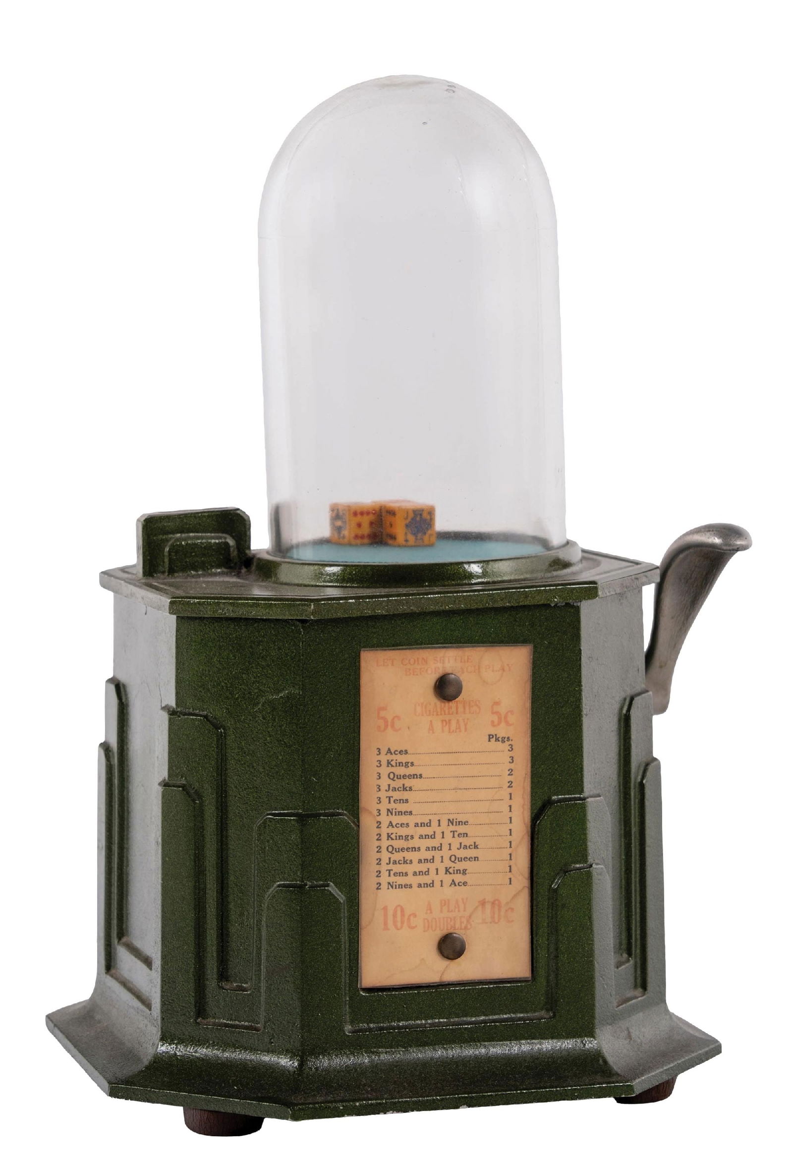 1¢ FORT WAYNE NOVELTY CO. LITTLE JOE DICE POPPER TRADE STIMULATOR: C. 1934. CONDITION: It shows an older restoration with applied green paint. It has original award card, dice, new felt to the interior, replaced lock and original handle. It is fully operational and h