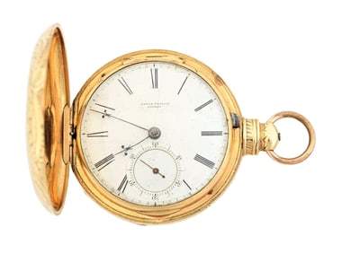 R & J CO. GOLD POCKET WATCH WITH GOLD MINING ENGRAVING