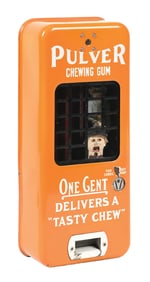 ORANGE PORCELAIN PULVER TAB GUM VENDING MACHINE W/ COP & ROBBER FIGURES