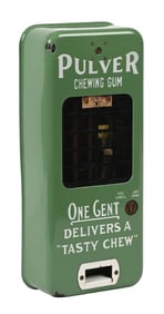 LIGHT GREEN PORCELAIN PULVER TAB GUM VENDING MACHINE W/ STOP & GO COP FIGURE