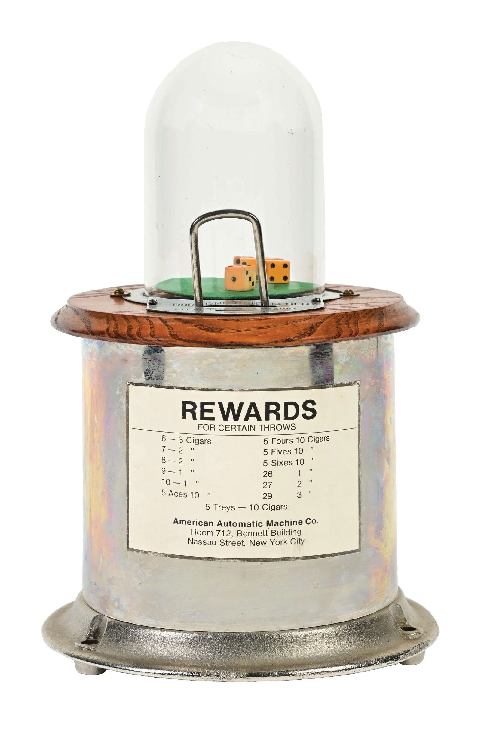 1¢ AMERICAN AUTOMATIC MACHINE CO. DICE POPPER TRADE STIMULATOR: C. 1930. CONDITION: It shows an earlier restoration with re-nickeled base and tin container, new award card, glass dome with original dice, new felt and original coin entry. It is operational. Conditi