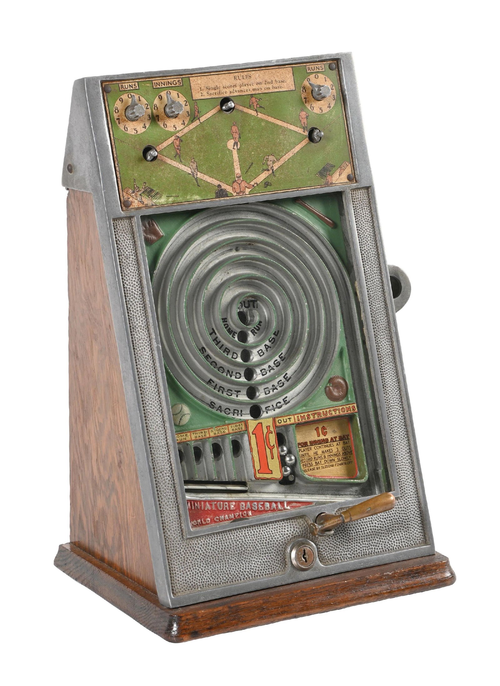 1¢ KEENEY & SONS MFG. WORLD CHAMPIONSHIP MINIATURE BASEBALL COUNTER GAME: C. 1935. CONDITION: It has an original wood case with Keeney & Sons decal on the back and original baseball decal on the coin entry side. The front playfield shows some surface rust and oxidation. It 