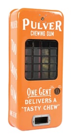 ORANGE PORCELAIN PULLVER TAB GUM VENDING MACHINE W/ TIN YELLOW KID FIGURE