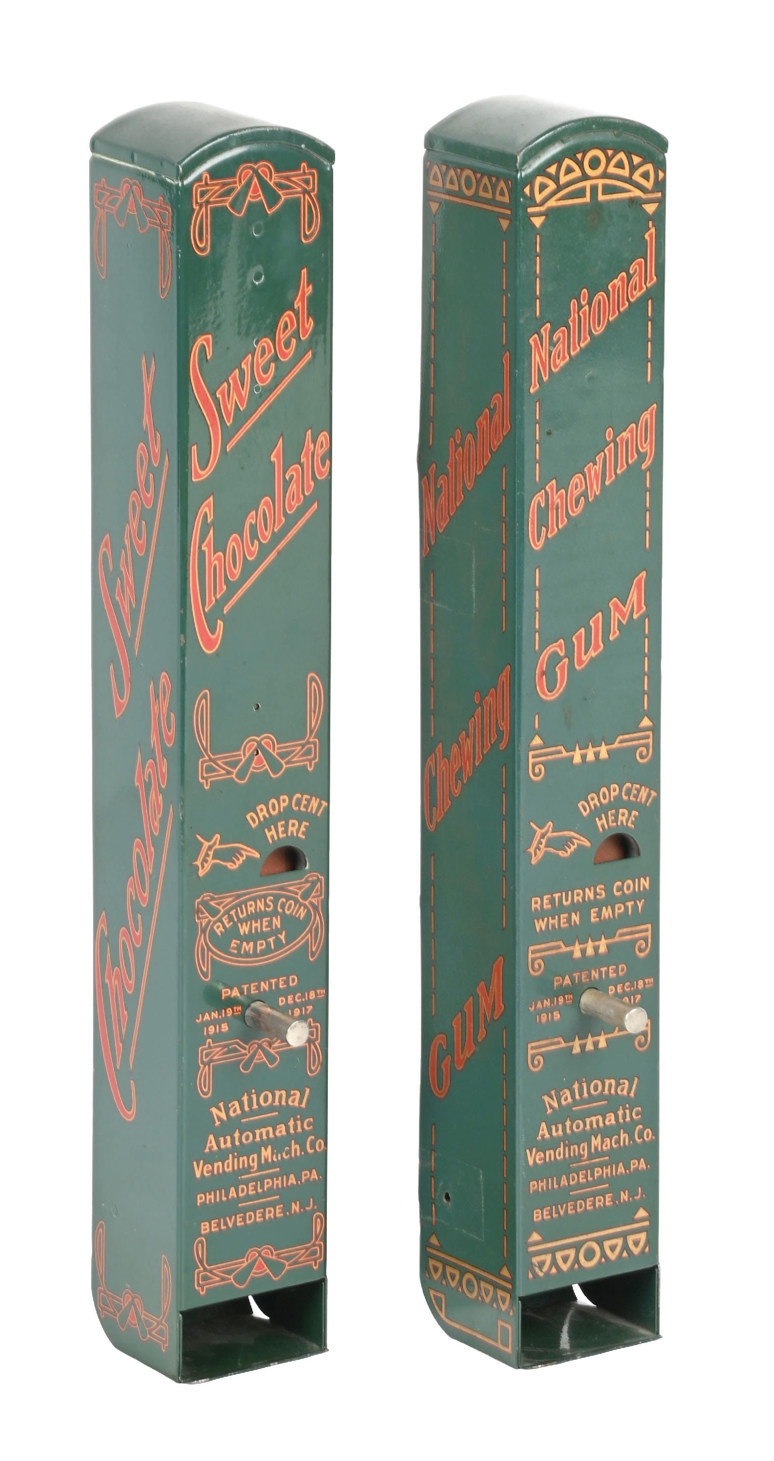 PAIR OF NATIONAL AUTOMATIC VENDING MACH. CO. SWEET CHOCOLATE & CHEWING GUM VENDING MACHINES (1 of 4)