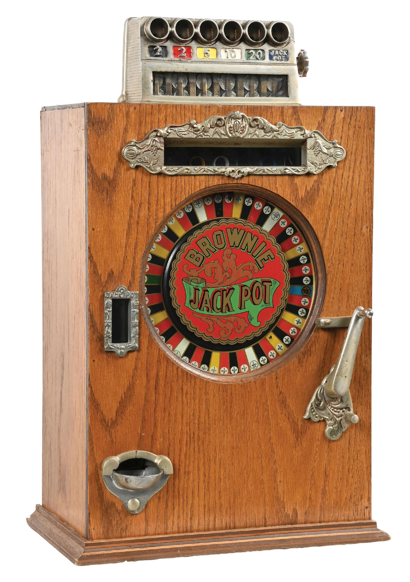 5¢ WALTING BROWNIE JACKPOT COUNTER WHEEL SLOT MACHINE: C. 1930. Watling Mfg. CONDITION: Showing an older restoration with refinished cabinet, new backdoor, related castings and restored wheel. Plays well, and pays. This is not a standard shippable item an