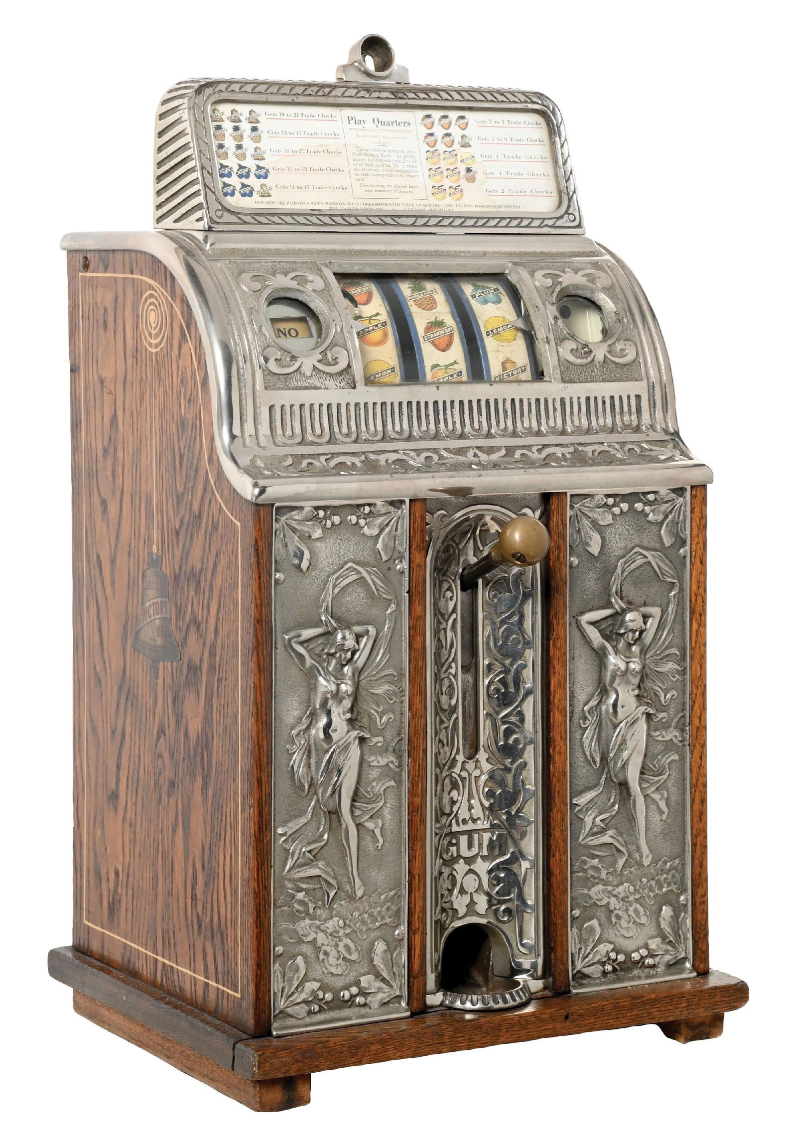 25¢ CAILLE BROS. CENTER PULL VICTORY BELL NUDE BELL SLOT MACHINE: C. 1925. Caille Bros. Detroit. CONDITION: This desirable 25¢ model features the "Nude Front" design, where the center pull is flanked on either side by the nude image of a woman. Displays light w