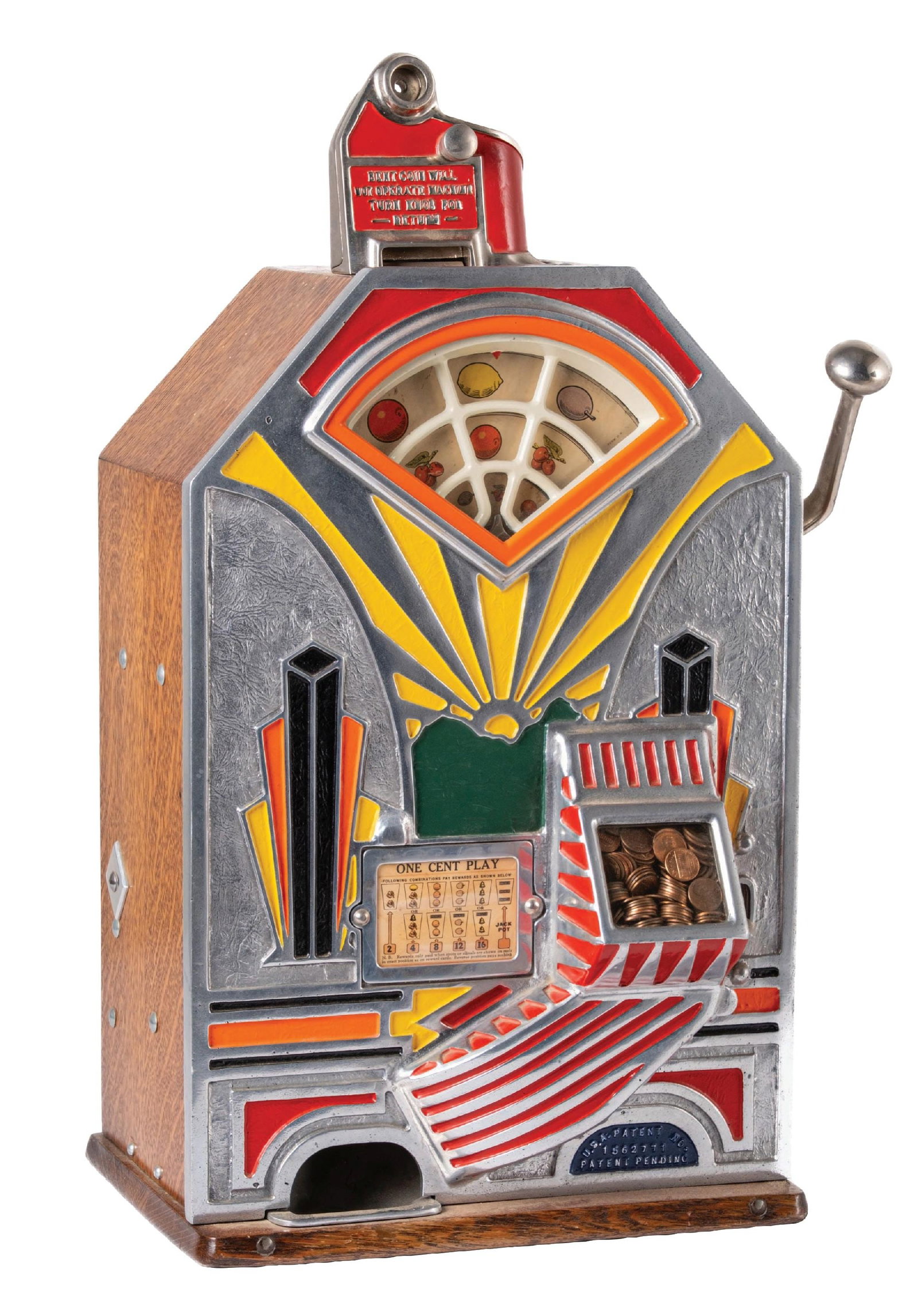 1¢ JENNINGS LITTLE DUKE SLOT MACHINE: C. 1935. O.D. Jennings Co. CONDITION: Showing an older repaint and finish to the case, with original wheels, paper and back door. Operational and plays and pays. With keys. This is not a standard ship