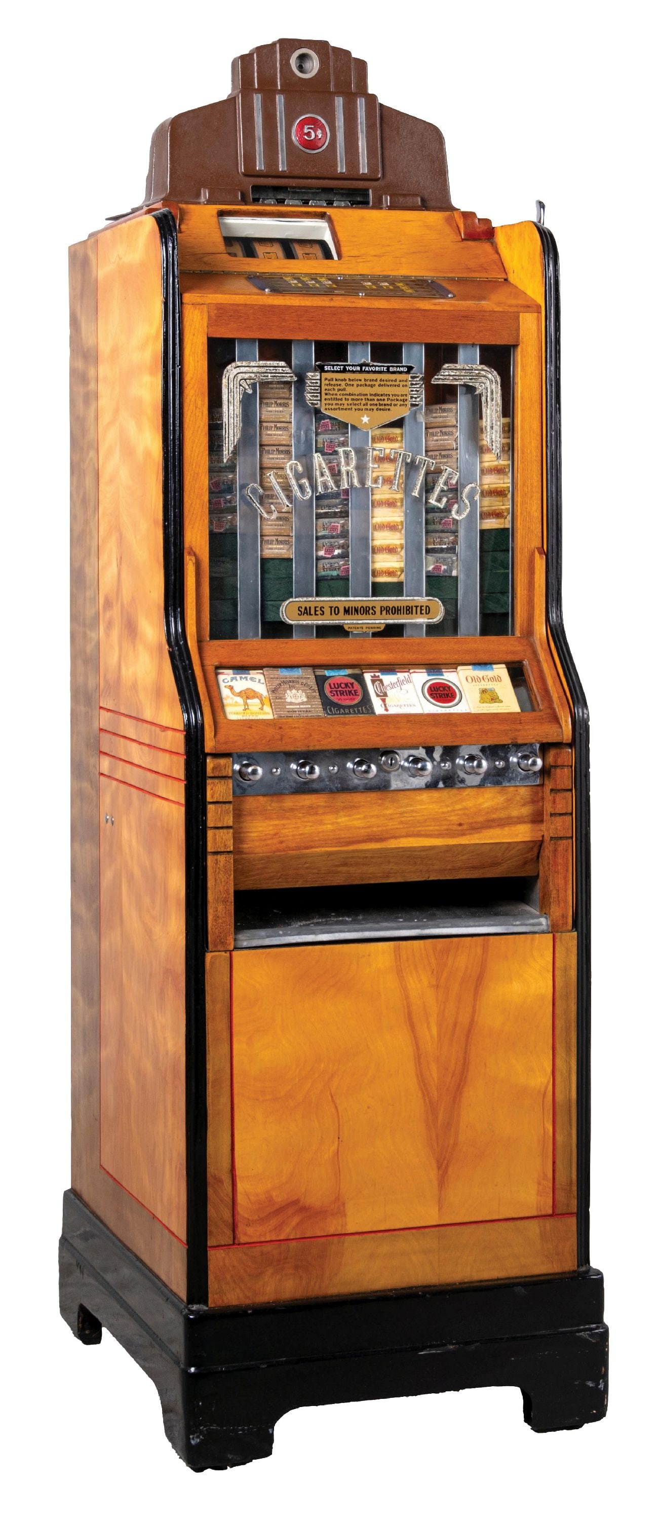 5¢ O.D. JENNINGS CIGA-ROLA FLOOR MODEL SLOT MACHINE: C. 1937. O.D. Jennings Company, Chicago, Illinois. This machine offers the operator the choice between purchasing a pack of cigarettes with or without a gambling element, serving as a cigarette vendin