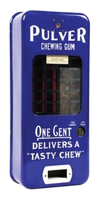 BLUE PORCELAIN PULVER TAB GUM VENDING MACHINE W/ TIN YELLOW KID FIGURE