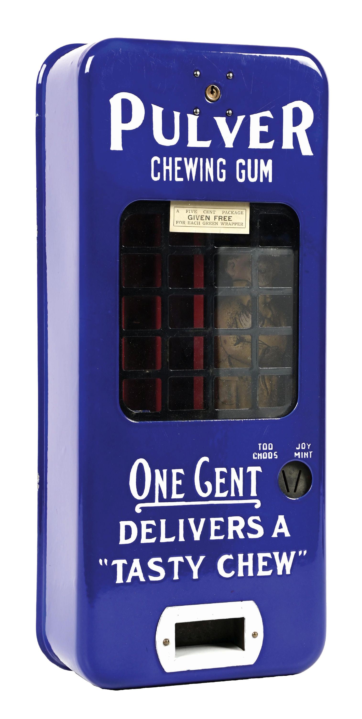 BLUE PORCELAIN PULVER TAB GUM VENDING MACHINE W/ TIN YELLOW KID FIGURE (1 of 6)