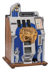 5¢ MILLS ROMAN HEAD FRONT SLOT MACHINE WITH GOLD COIN FEATURE