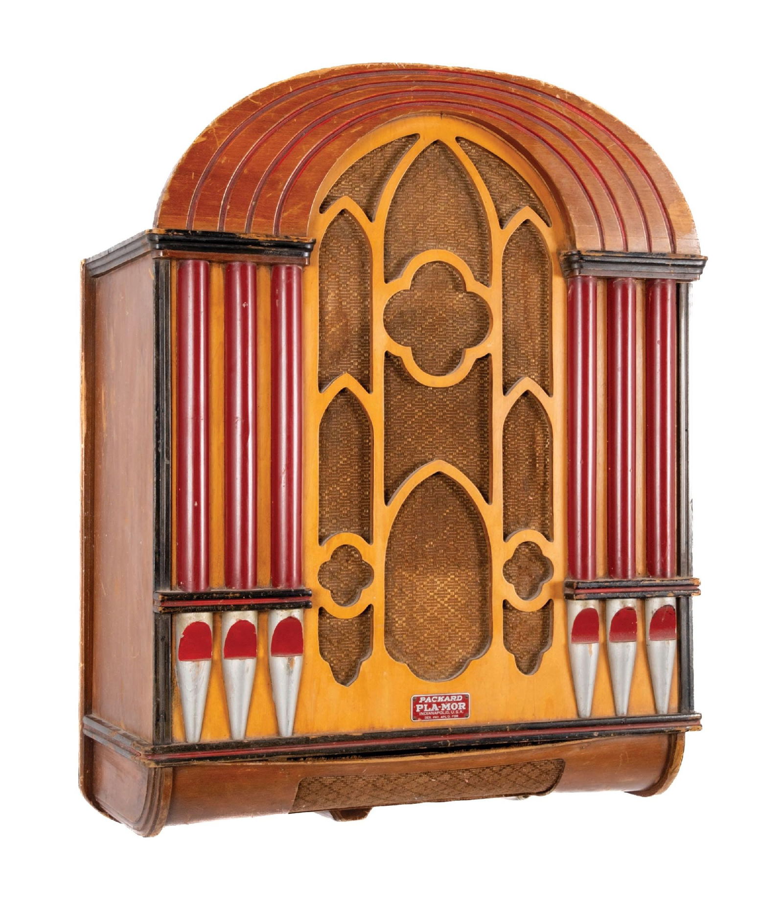 PACKARD PLA-MOR ORGAN TYPE JUKEBOX SPEAKER: C. 1941-1942. Packard Manufacturing Co. CONDITION: All original juke box speaker for the Packard Pla-Mor jukebox. Showing original wood cabinet and plastics, with internal speaker. Untested. Light wea