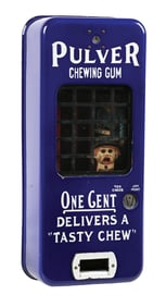 PULVER PORCELAIN TAB GUM VENDING MACHINE IN BLUE W/ COP & ROBBER FIGURE