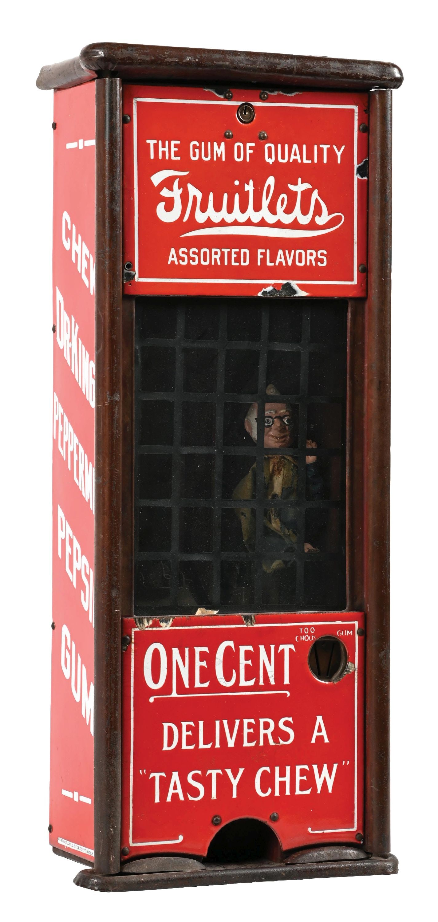 PULVER TALL CASE FRUITLETS FLAVORED TAB GUM VENDING MACHINE W/ FOXY GRANDPA FIGURE (1 of 5)