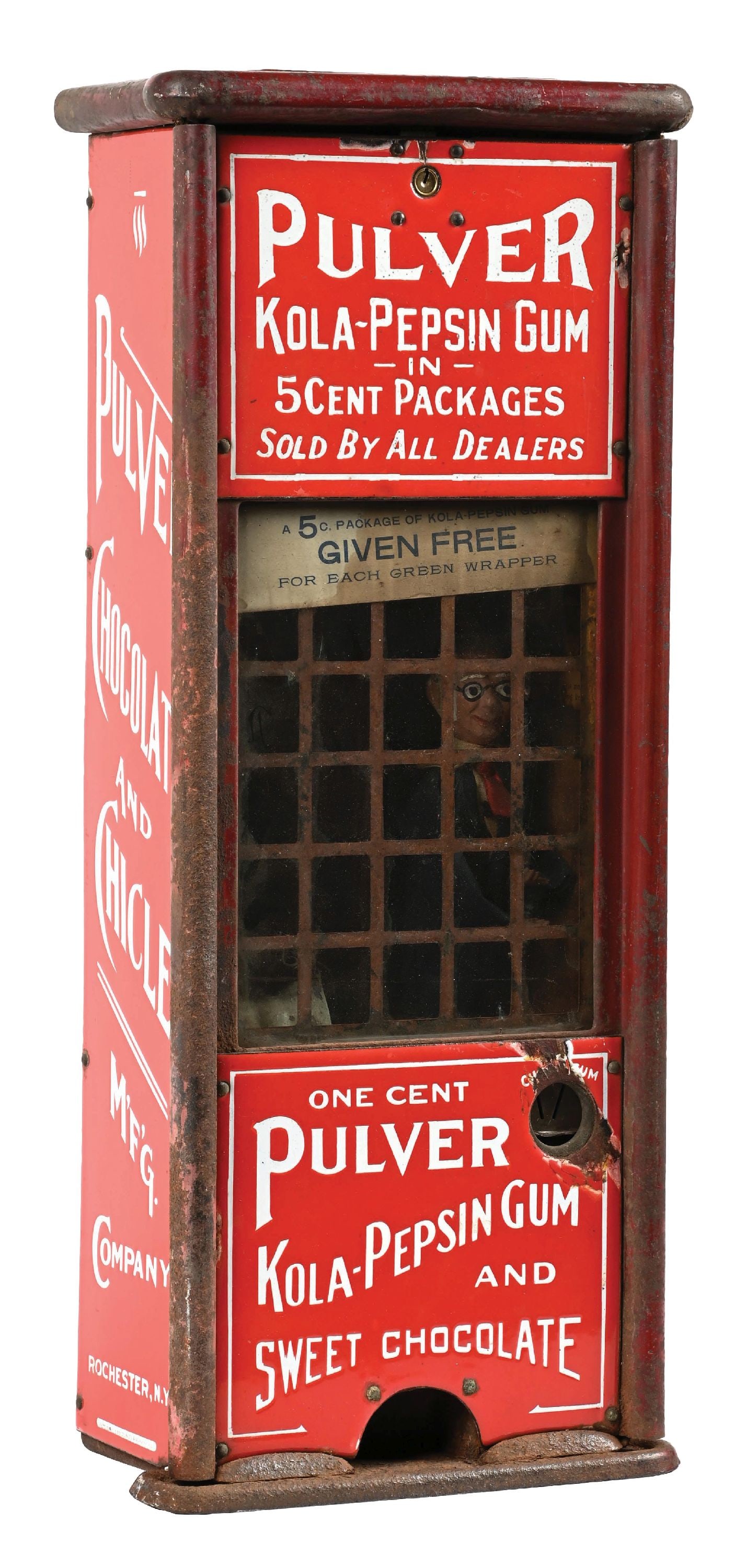 PULVER TALL CASE KOLA-PEPSIN TAB GUM VENDING MACHINE W/ FOXY GRANDPA FIGURE (1 of 5)